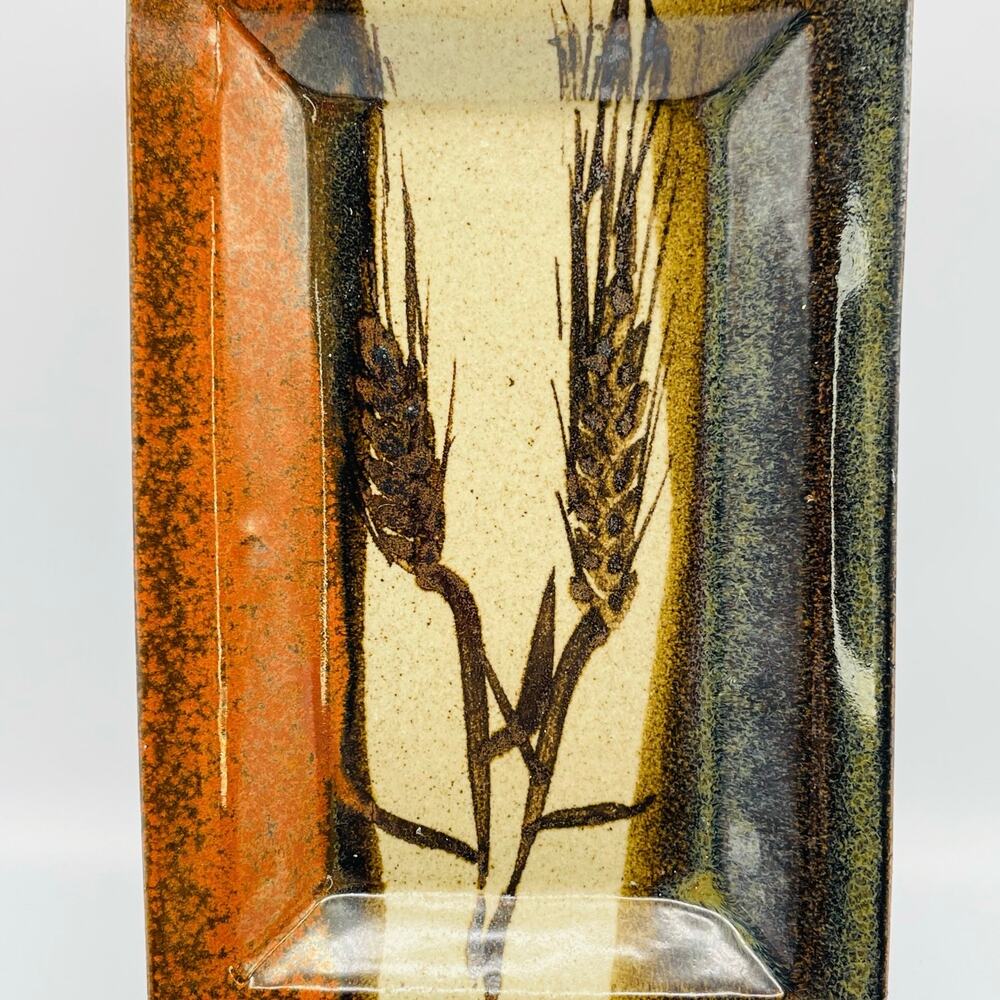 Studio Art Pottery Platter Dish in Beautiful Earth Tones with Pressed Wheat
